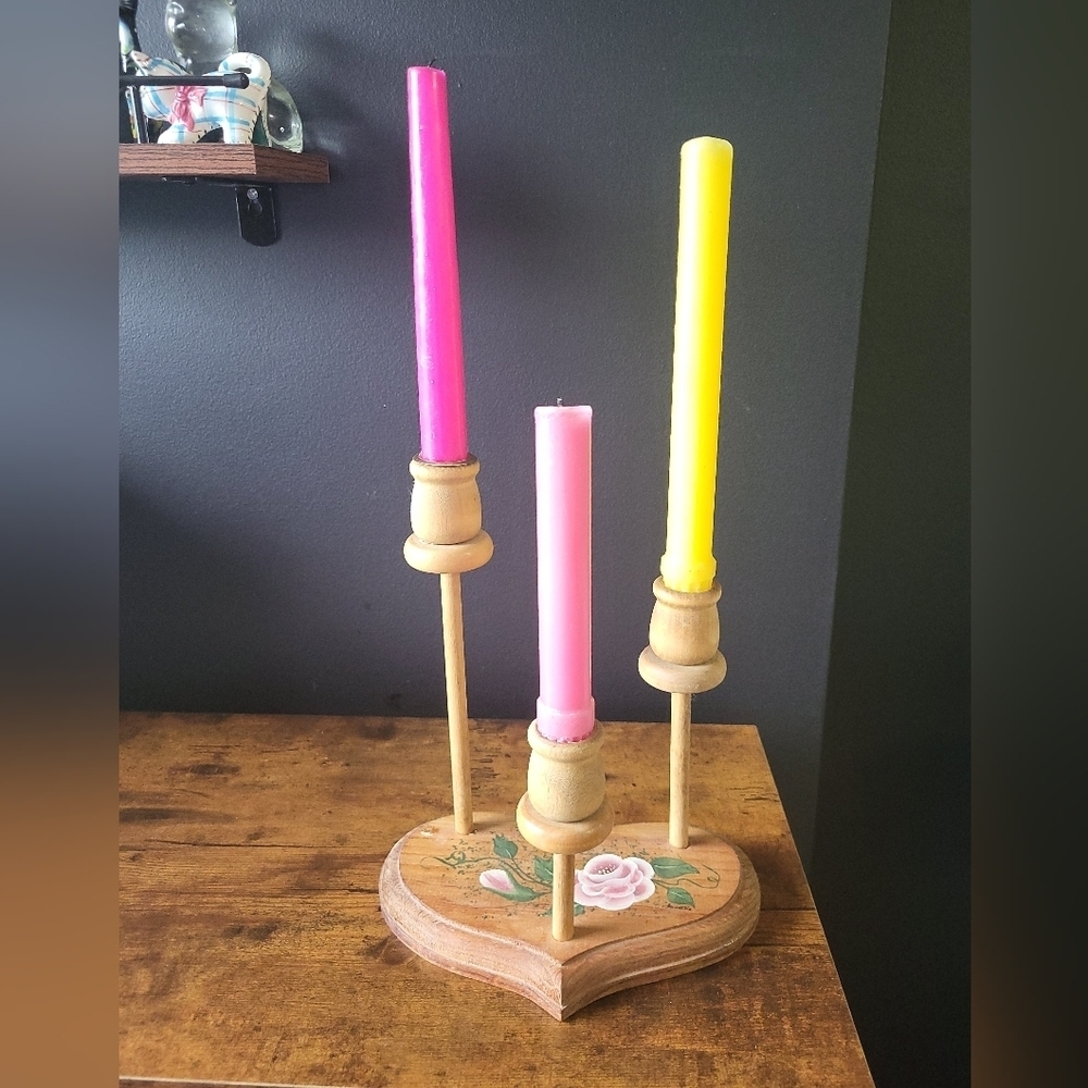Vintage Handpainted Wooden Heart 3 Candle Holder